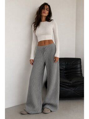 Lunya Wool Knit Lounge Pants Gray Wide Leg Drawstring Cozy Sleepwear Women L